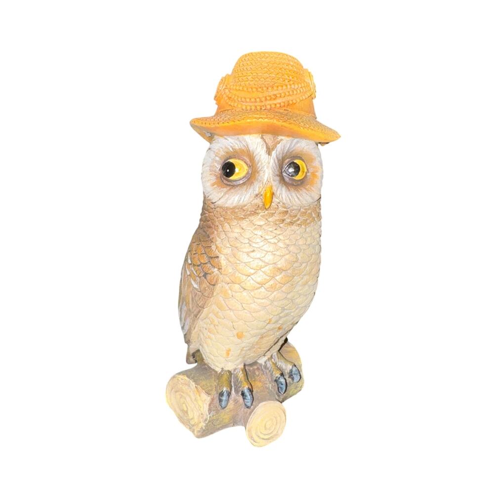 Owl Figurine Wearing Hat Perched On A Log Resin